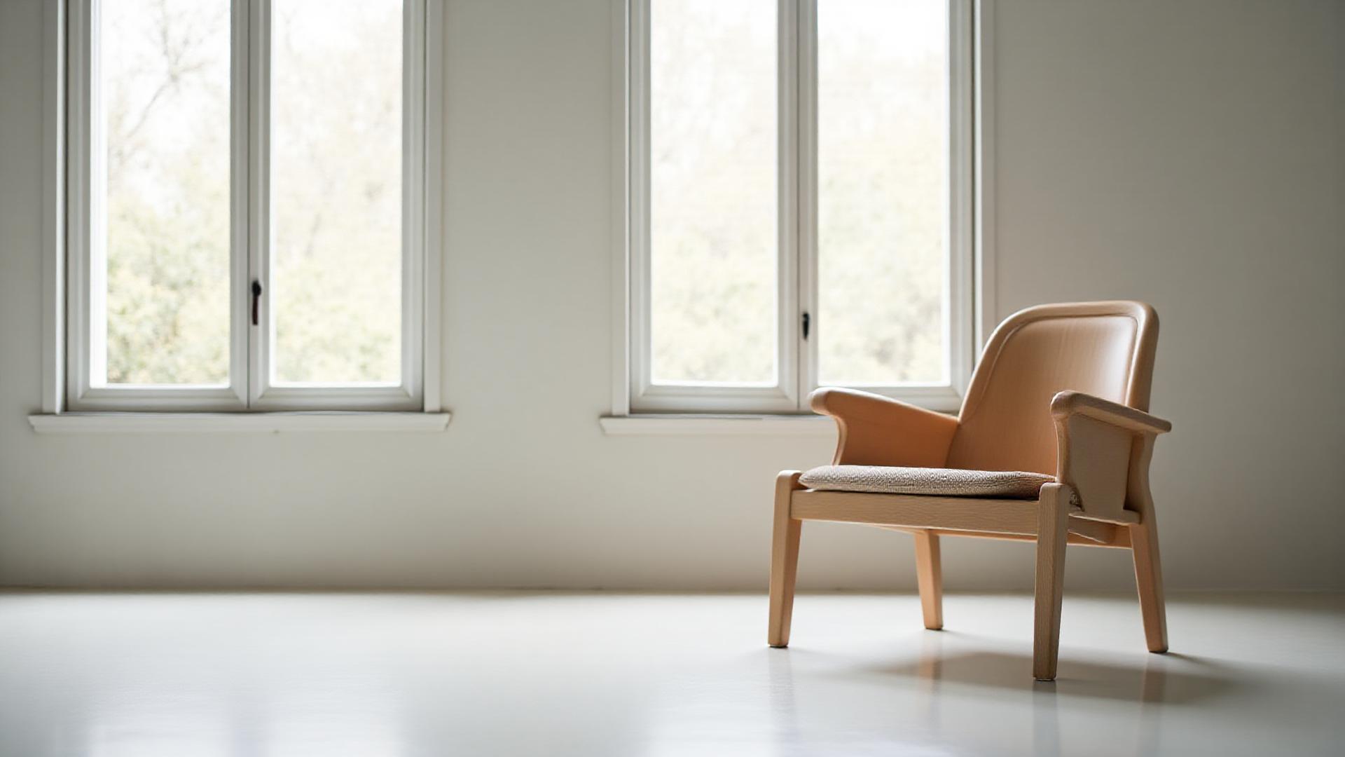 Beautifully crafted wooden chair on a Scandinavian rug in a minimalist, light-filled interior.