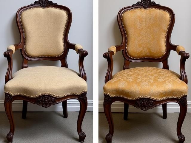Antikk stol med slitne detaljer før og etter reparasjon